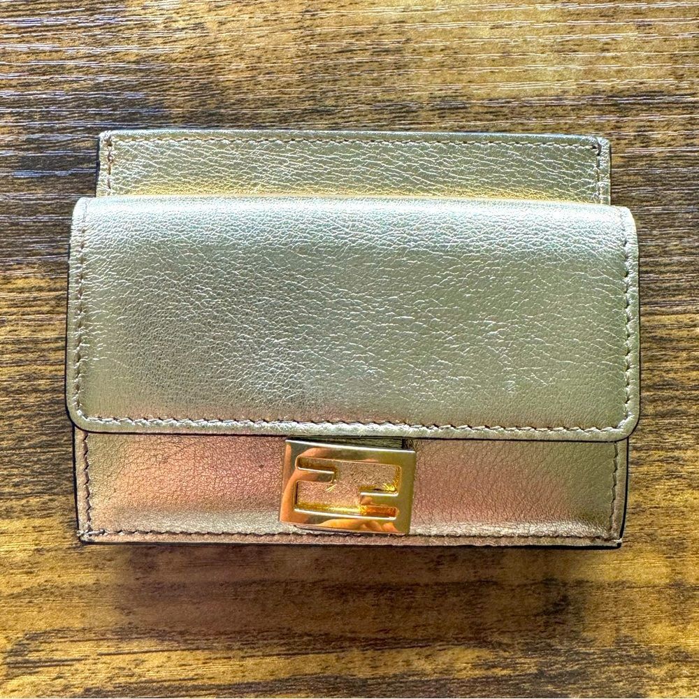 Fendi Metallic Gold Baguette FF Monogram Card Holder & Wallet